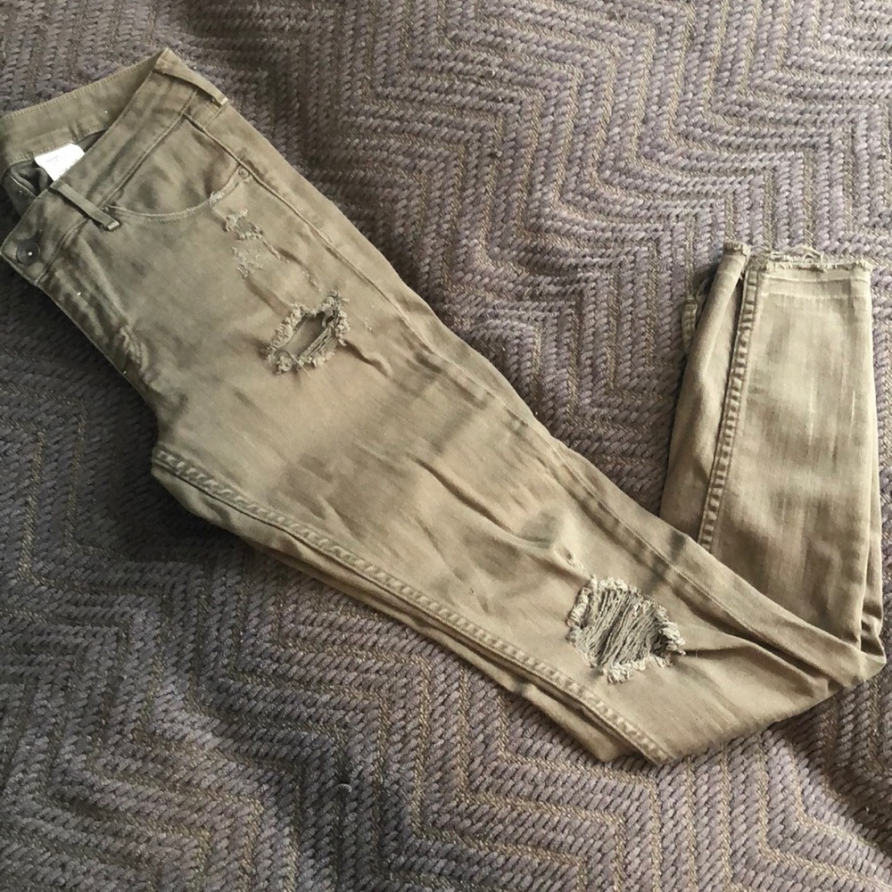 H&M stretch olive ripped jeans